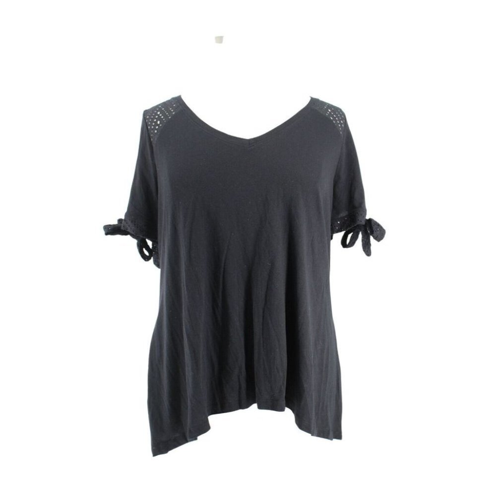 Lane Bryant Black Cotton Knit Crochet Back V-Neck Tie Sleeve Plus Size 18/20